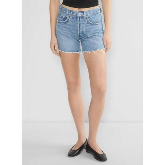 NWT AGOLDE Parker Long Mid Rise Cut-Off Denim Shorts Size 23 Fairway - Picture 2 of 11
